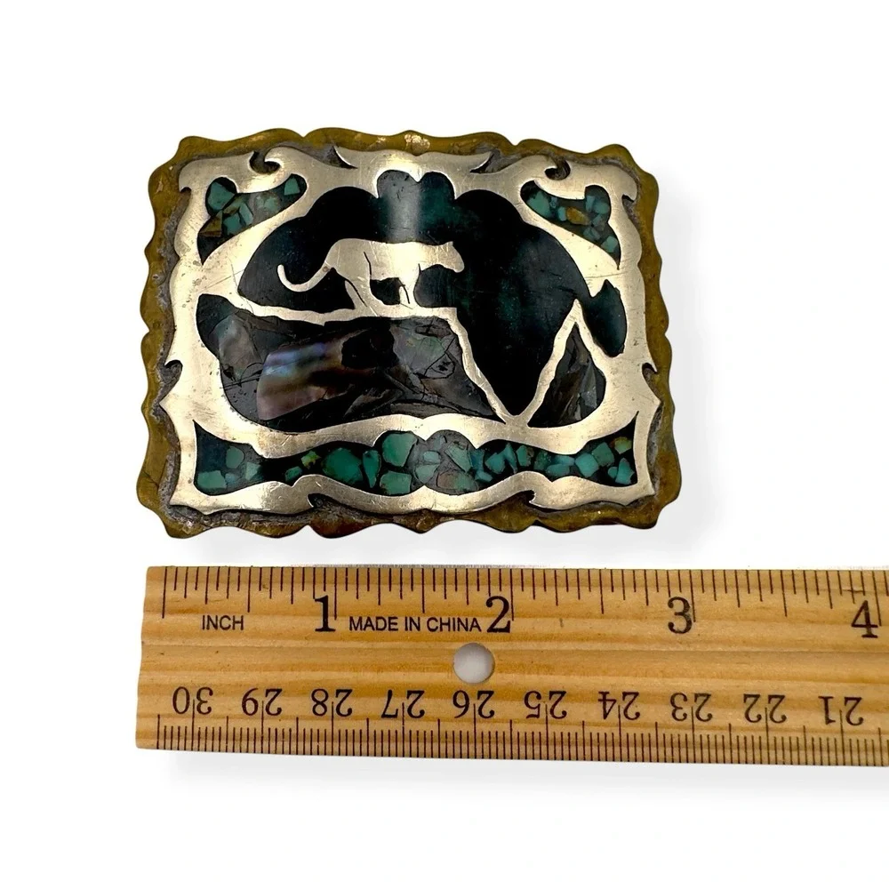 VTG Southwestern Panther Turquoise Abalone Chip Inlay Belt Buckle Mosaic Western